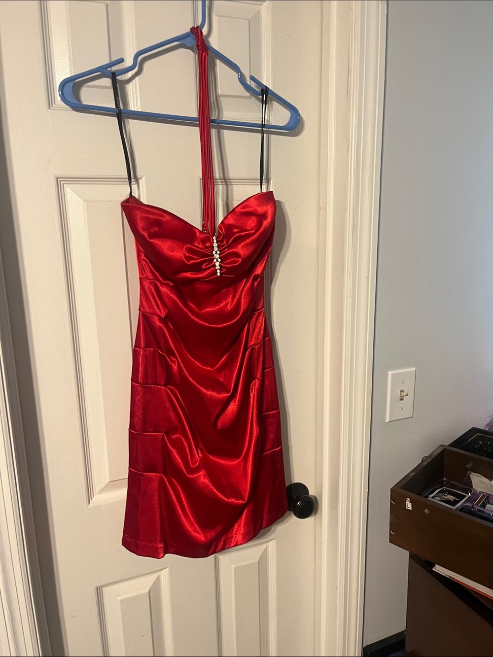 B Darlin Red Satin Mini Dress with Rhinestone Accent